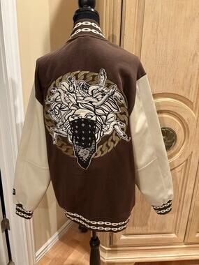 CROOKS & CASTLES (BROWN-CREAM) Medusa-BANDANA / VARSITY BOMBER JACKET NWT L